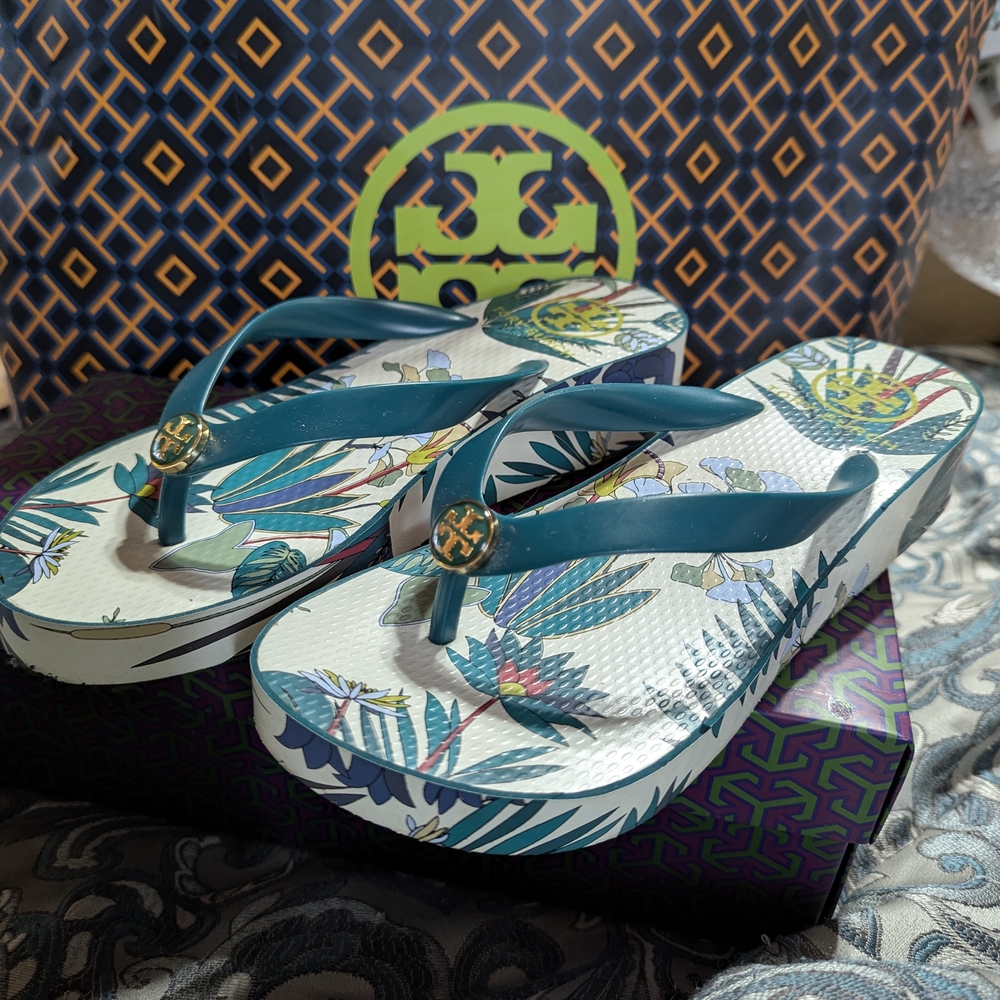 Tory Burch Teal Wedge Sandals with Tropical Print 6